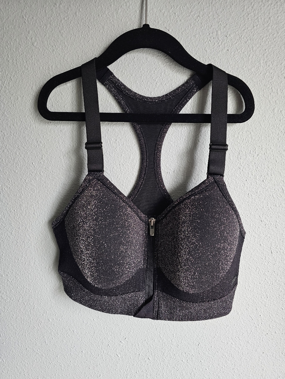 Victoria's Secret PINK Shimmer Front Zip Sport Bra Black Sparkles / Glitter S